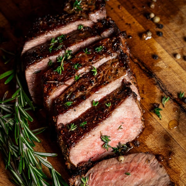 Sliced steak with rosemary and thyme on a wooden cutting board.
