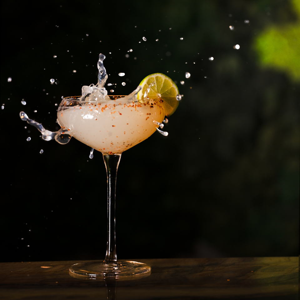 A cocktail in a martini glass with a lime wedge, splashing liquid against a dark background.