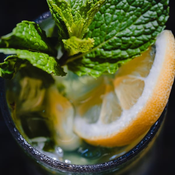 Close-up of a refreshing mojito with fresh mint leaves, lemon slice, and ice.
