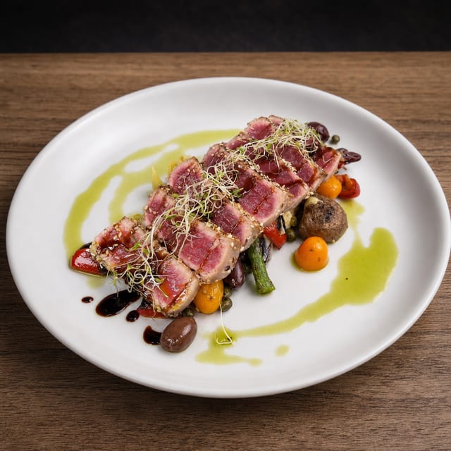 Ahi Tuna with Mediterranean ingredients.