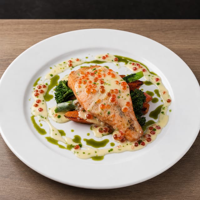 Salmon steak with creamy sauce, red caviar, broccolini and carrots.