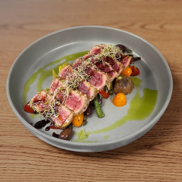Ahi Tuna with Mediterranean ingredients.