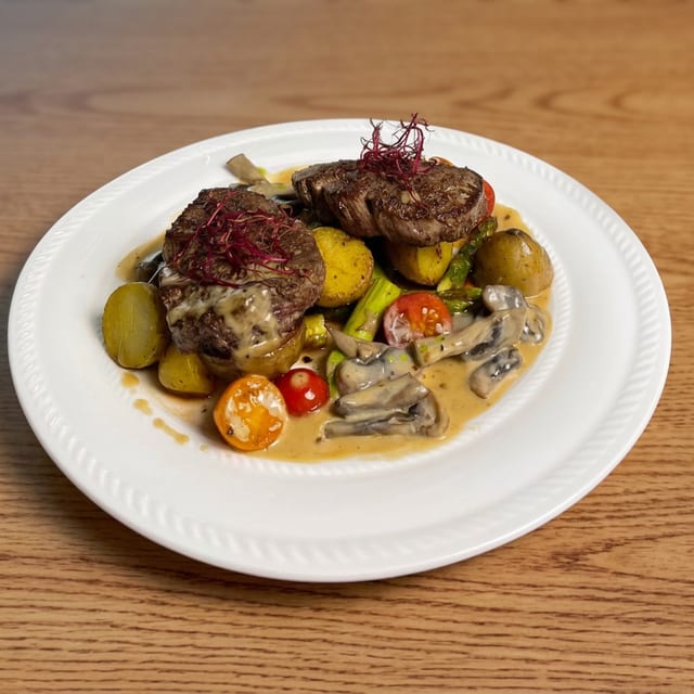 Beef Tenderloin with Asparagus and baby potato.